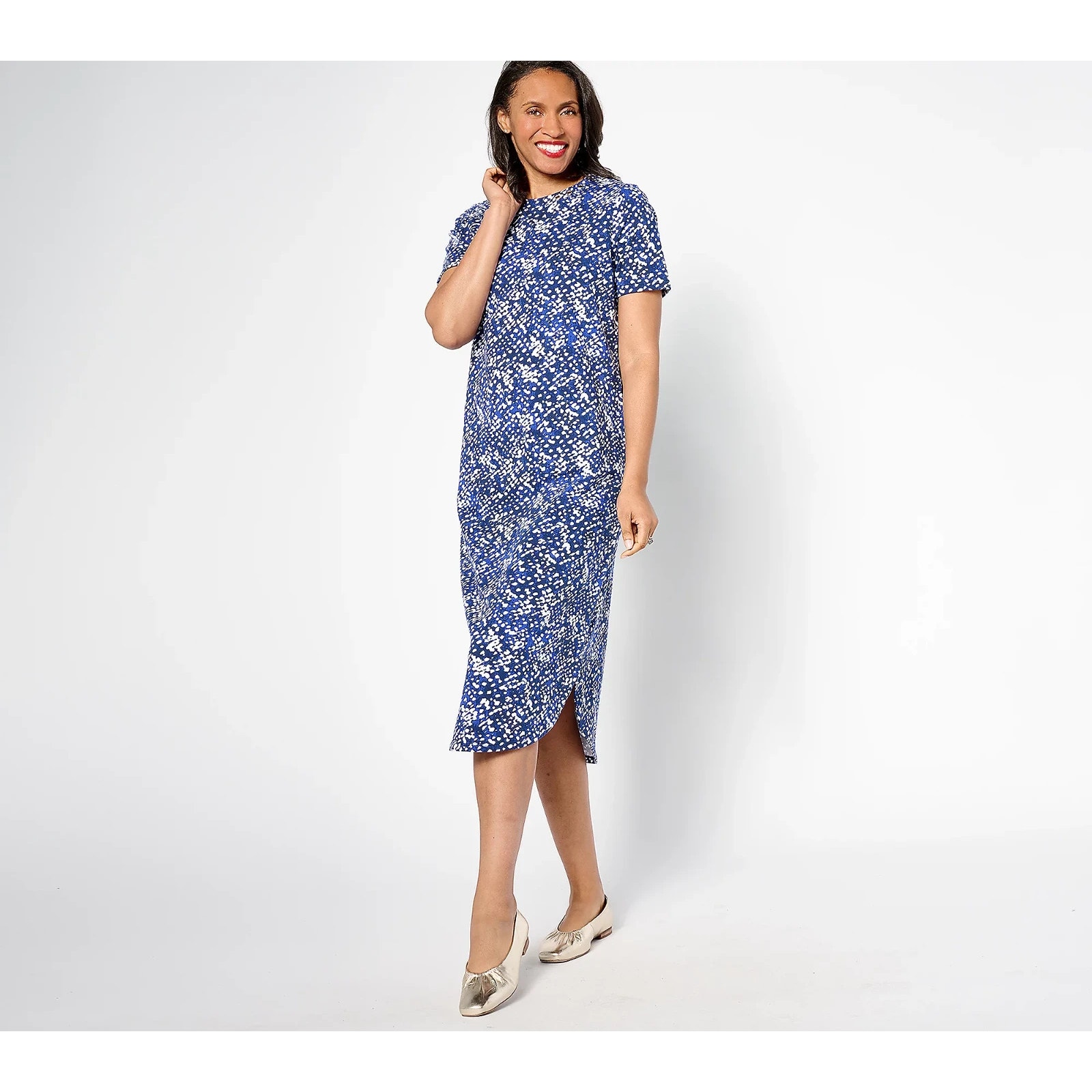 Sport Savvy French Terry Printed Midi T-Shirt Dress Blue Abstract Casual Sz Xs